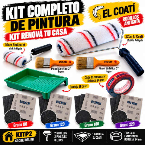 Kit Renová tu Casa – Rodillos, Bandeja Pintor, Pinceles, Cinta Azul y Lijas - Kit P2