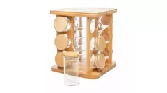 Conjunto 12 Potes Em Borossilicato Com Tampa Hermética E Rack Giratório Em Bambu 120Ml na internet