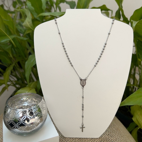 Terço São Bento aço 316L cor prata pequeno