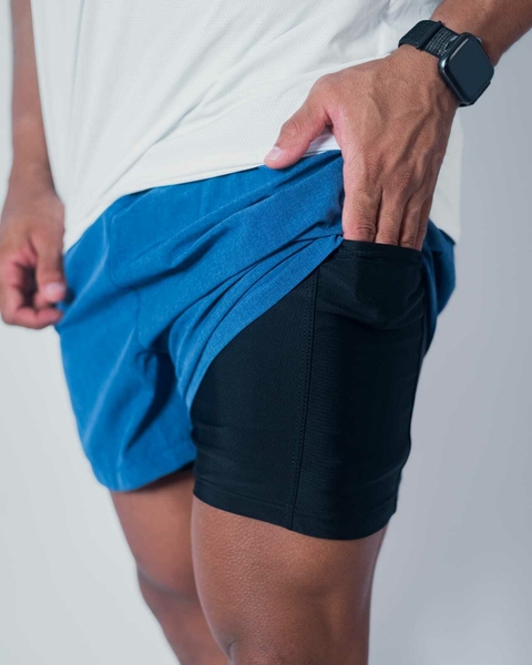 Bermuda dupla com bolsos Azul mescla+preto