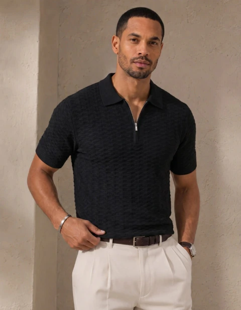 Camisa polo masculina texturizada com zíper
