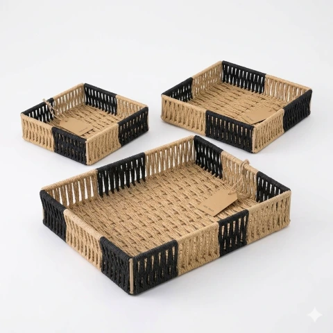 Bandeja Organizadora de Soga y Yute Rectangular Negro - Seleccionar Tamaño
