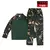 Uniforme de treinamento tático militar para crianças, com camisa de mangas longas verde e calças camufladas em tons de verde e bege.