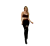 Modelo usando calça jeans preta com rasgos no joelho e top preto.