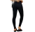 Calça jeans preta com rasgos no joelho vista de trás, usada por uma modelo.