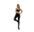 Modelo usando calça jeans com rasgos no joelho e top preto, em um fundo neutro.
