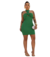 Vestido alfaiataria sem manga na cor verde, com detalhe de decote e fenda na frente, usado por uma modelo.