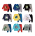Conjunto de 6 peças de roupa infantil com estampas divertidas, incluindo dinossauros e desenhos animados.