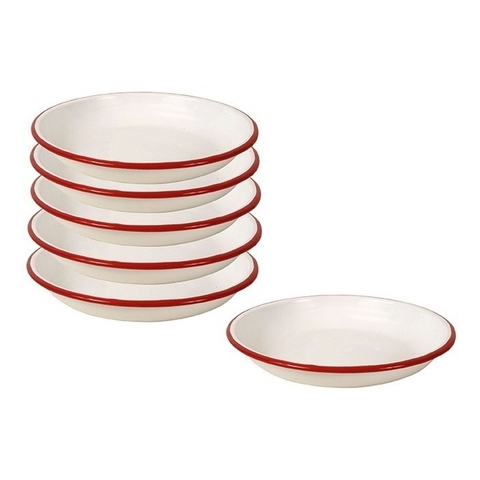Caja De 6 Platos Pasta Enlozados Blanco Borde Color Rojo