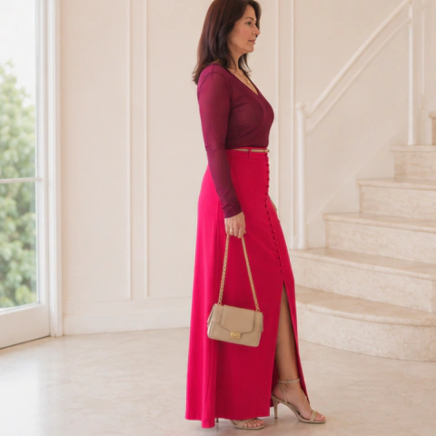 Saia longa feminina com caimento leve e sofisticado, perfeita para criar looks elegantes e modernos para diversas ocasiões.