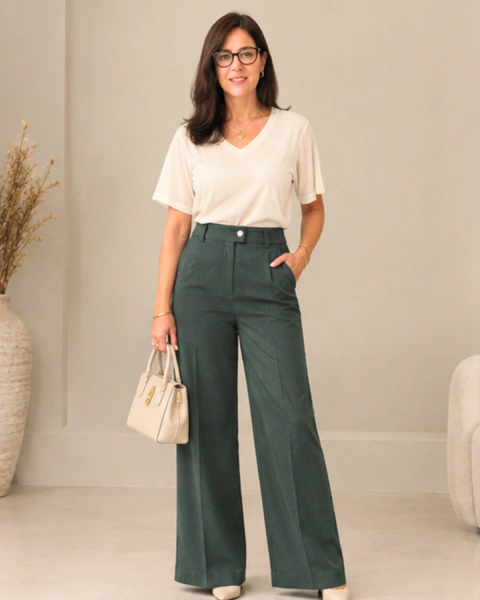Calça de alfaiataria feminina com cintura alta e modelagem wide leg, que une elegância, sofisticação, conforto e versatilidade em uma peça atemporal, perfeita para compor looks modernos e refinados do trabalho às ocasiões especiais.