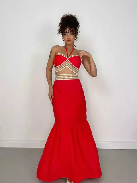 Conjunto Feminino em Viscolinho Saia Longa e Cropped Amarração Flavia Ref. 129