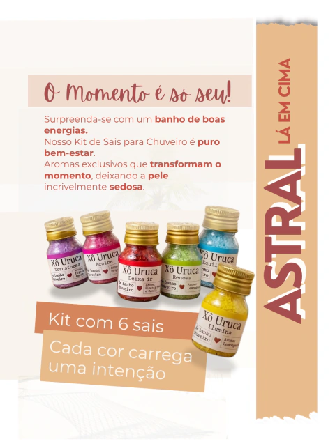 Kit 6 Intenções com sais de banho aromáticos em frascos coloridos com tampas douradas, embalagem branca, texto "Um simples banho pode mudar o seu dia", com o texto: Surpreenda-se com um banho de boas energias.
Nosso Kit de Sais para Chuveiro é puro bem-es