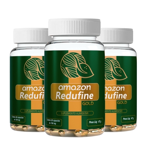 Frascos do suplemento alimentar Amazon Redufine Gold, contendo 30 cápsulas de 750 mg cada.