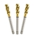 Três machos de rosca MACHO TD824482 YG-1 - 3/8", 63 mm com acabamento em dourado e haste de aço.
