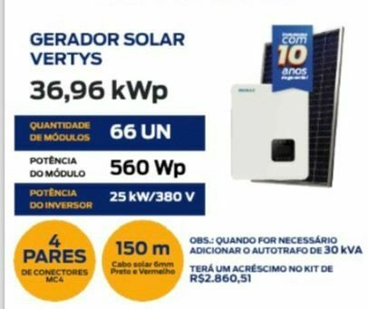 GERADOR SOLAR MH 3500 Kwh/mes