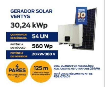 GERADOR SOLAR MH 3000 Kwh/mes