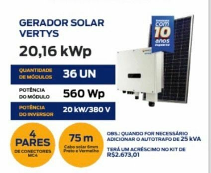 GERADOR SOLAR MH 2000 Kwh/mes