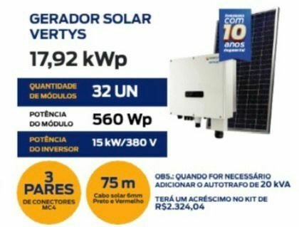 GERADOR SOLAR MH 1800 Kwh/mes