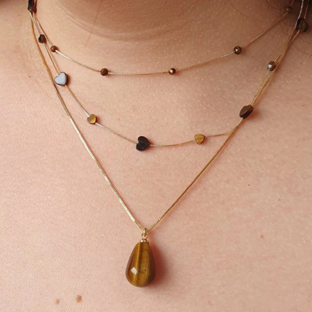 Colar veneziana c/coração olho de tigre -40cm