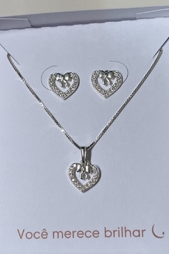 conjunto coração com laço prata 925 - comprar online