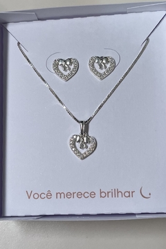 conjunto coração com laço prata 925 na internet