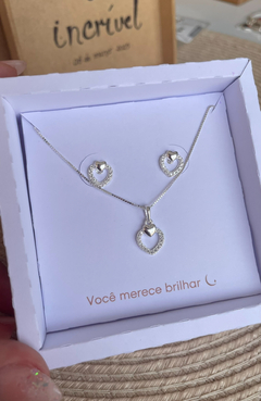 conjunto coração cravejado prata 925 - comprar online