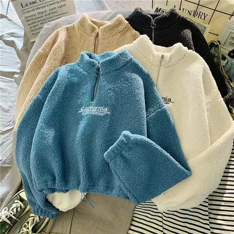 Hoodies cortados em lã com gola alta para mulheres, carta bordada, manga longa,