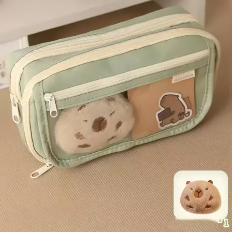 Capivara Cartoon Papelaria Holder Bag com broches, saco de lápis de grande capa