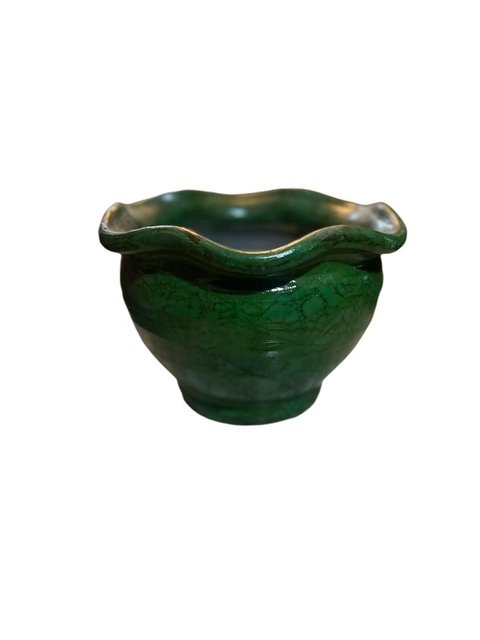 Vaso de Barro Borda Ondulada Verde Estilo Rústico Artesanal