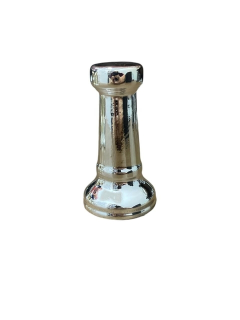 Enfeite peças xadrez metalizado torre pequeno prateado em cerâmica - 11 cm