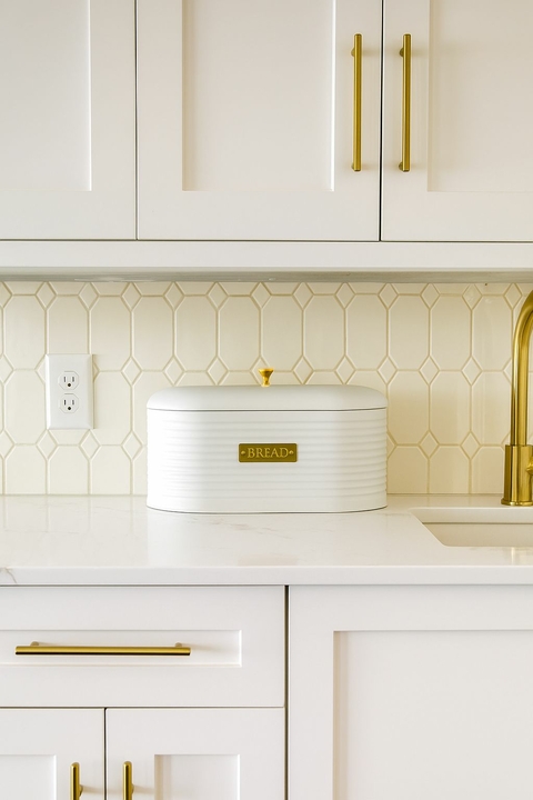 Porta pão em metal branco com detalhes dourado luxo