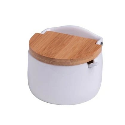 Saleiro em cerâmica redondo branco tampa e colher em bambu - 9,5 x 9 cm