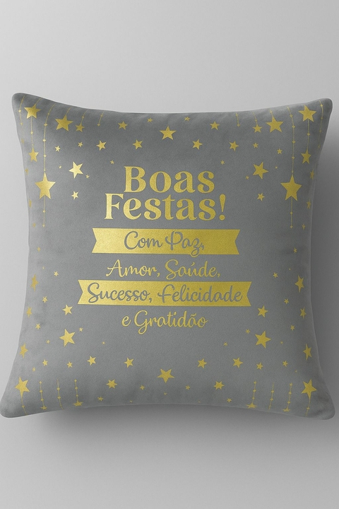 Capa de Almofada Natalina Cinza Boas Festas – 43x43