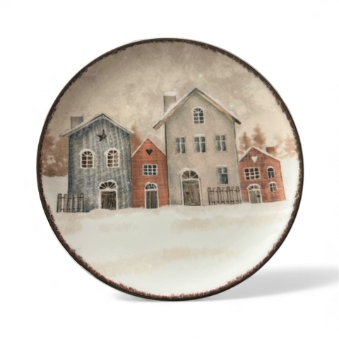 Kit 4 Pratos de Sobremesa Natalino 4 casinhas Oxford – 20 cm