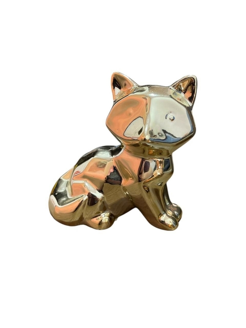 Enfeite raposa em cerâmica metalizado dourado pequeno - 10 x 9 cm