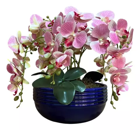 Arranjo Orquídeas Rosas Vaso Cerâmica Azul Decorativo