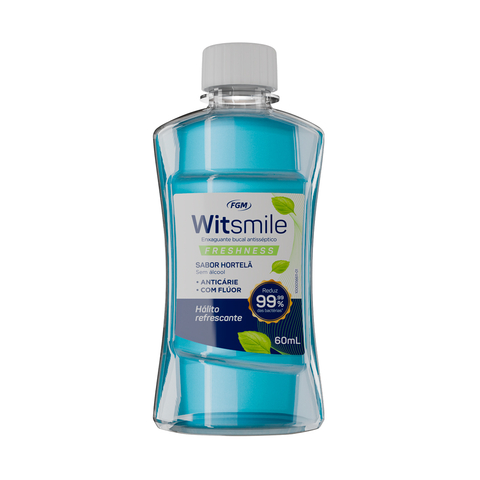 O enxaguante bucal antisséptico Witsmile Freshness FGM, com sabor hortelã, oferece ação anticárie, contém flúor e é livre de álcool. Sua fórmula auxilia na eliminação de até 99% das bactérias, proporcionando um hálito refrescante e proteção diária. Embala