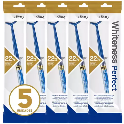 Clareador Dental Whiteness Perfect 22% da FGM em pacote com cinco unidades, cada seringa com gel clareador e aplicador azul