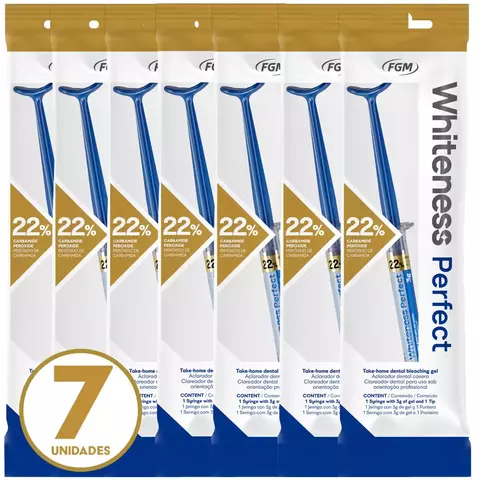 Clareador Dental Whiteness Perfect 22% da FGM, pacote com 7 unidades de gel clareador dental com peróxido de carbamida