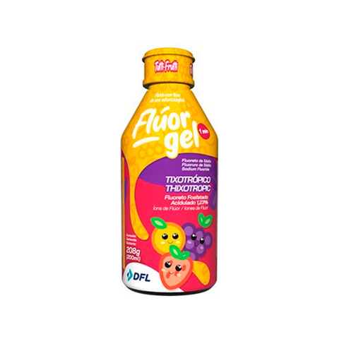 Flúor Gel Tixotrópico sabor tutti-frutti da DFL, ideal para aplicação profissional em consultório odontológico. Contém fluoreto de sódio a 1,23% com ação anticárie e textura que facilita a aplicação. Possui apresentação divertida e sabor agradável para o 