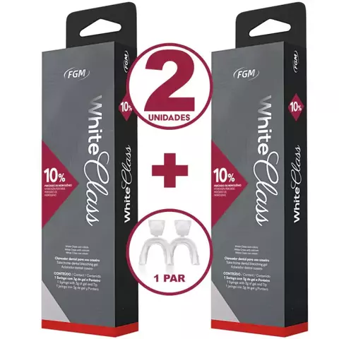 Contém 2 seringas de gel clareador White Class 10% FGM, com 1 par de moldeiras termomoldáveis incluso para uso domiciliar.