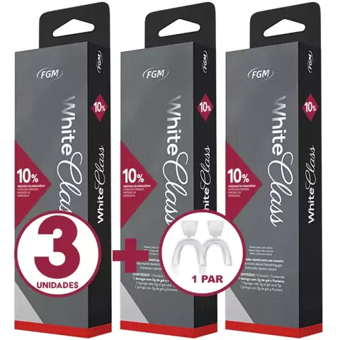 Kit Clareador Dental White Class 10% FGM com 3 unidades acompanha 1 par de moldeiras termoformáveis para aplicação prática do gel.