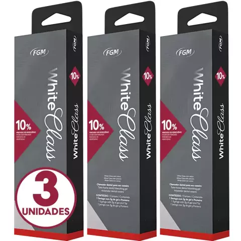 Caixas de clareador dental Whiteness Class 10% da FGM, embalagem com 3 unidades.