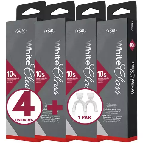 Imagem promocional de um kit com 4 unidades do gel clareador dental White Class 10% da FGM, acompanhado de 1 par de moldeiras personalizáveis para aplicação do produto.