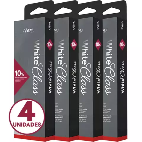 Caixas do Clareador Dental Whiteness Class 10% da FGM, com 4 unidades.
