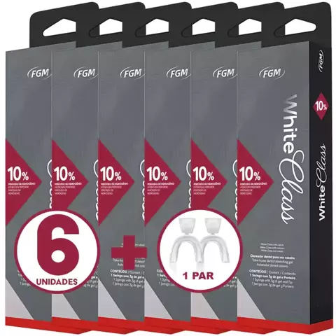 Apresenta 6 caixas do gel clareador White Class 10% da FGM, ideal para clareamento dental caseiro supervisionado. O kit inclui também um par de moldeiras.