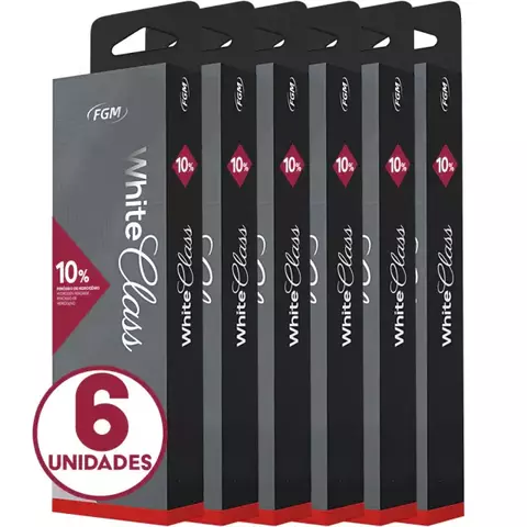 Embalagem do Clareador Dental Whiteness Class 10% da FGM, contendo 6 unidades.