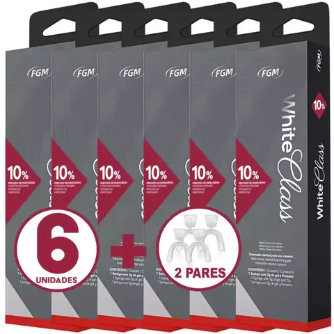 Kit clareador dental White Class 10% FGM com 6 unidades, acompanha 2 pares de moldeiras para aplicação do gel.