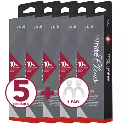 Conjunto com 5 seringas do gel clareador White Class 10% FGM, ideal para clareamento caseiro, acompanhado de 1 par de moldeiras térmicas.